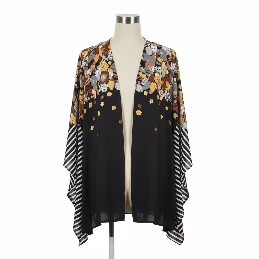 Bob Mackie Wearable Art Kimono Cardigan Large L Floral Stripe Print Layering Top